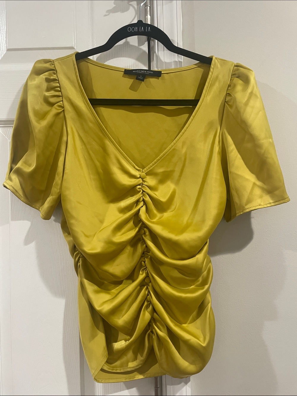 Marc New York- Andrew Marc- Ruched Satin V-Neck Blouse in Chartreuse Size Small